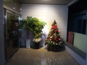 A Christmas tree decorated with lights and ornaments, a potted plant, and a glass door entrance.