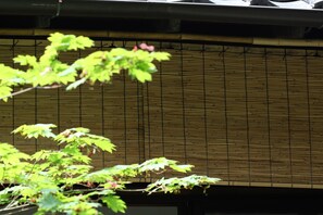A building with a bamboo exterior wall and a tree with green leaves in the foreground. - HANARé Kyoto (Kyoto)