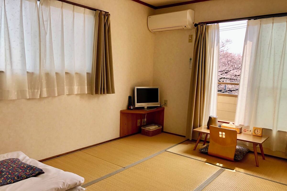 Ein Zimmer mit Tatami-Boden, einem Fernseher auf einem Holzständer, einem Futon und Blick auf Kirschblüten vor dem Fenster.