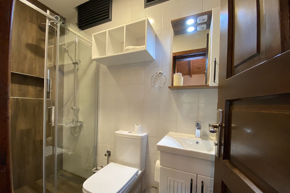 Shower, pengering rambut, dan handuk