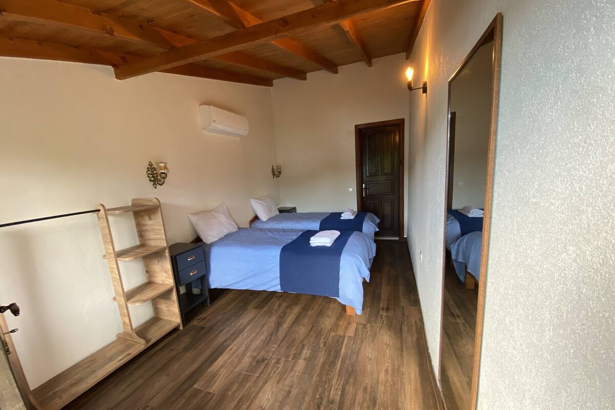 A bedroom with two beds, wooden flooring, a ladder, a wardrobe, and a door.