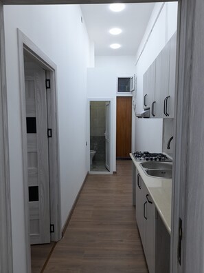 Un pasillo estrecho con suelo de madera, paredes blancas y una zona de cocina con armarios y estufa.