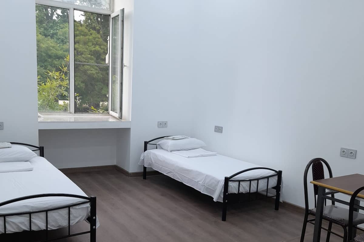 Una habitación con dos camas individuales, suelo de madera, ventana con vistas a árboles y una mesa con una silla.