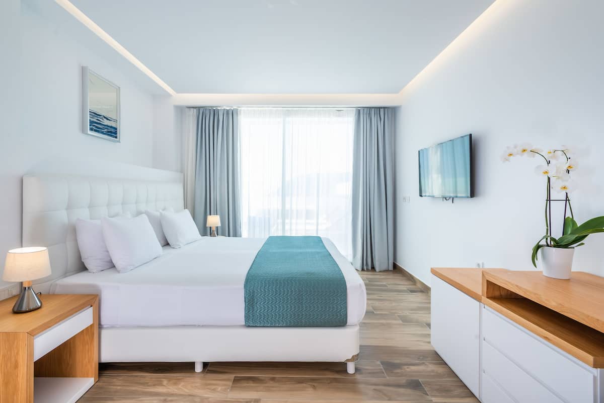 Une chambre d’hôtel moderne avec un grand lit, une table de chevet avec une lampe, un téléviseur fixé au mur et une plante en pot.