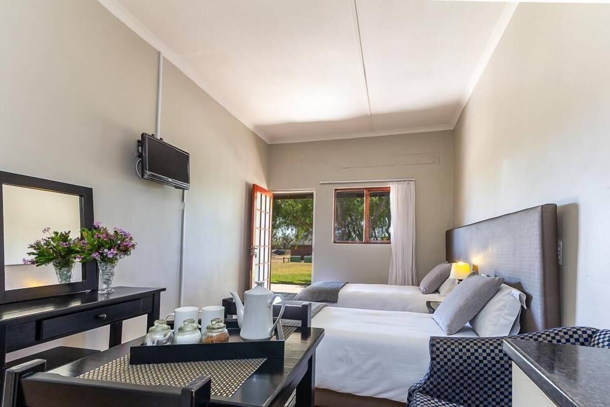 A hotel room with two beds, a desk with a chair, a TV mounted on the wall, and a window with a view of greenery outside.