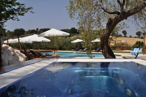An outdoor swimming pool with lounge chairs and umbrellas, surrounded by trees and a clear sky. - Agriturismo La Limonaia (Mondavio)