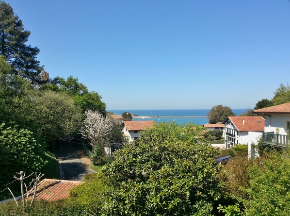 Un village côtier aux maisons traditionnelles, offrant une vue dégagée sur la mer et entouré d’une végétation luxuriante.