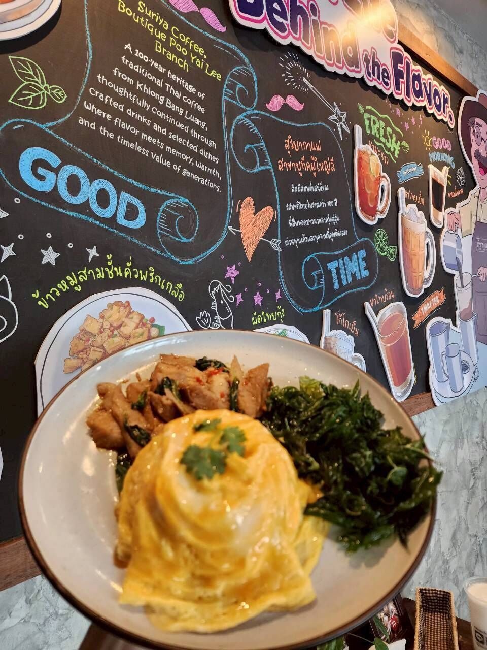 A restaurant interior with a chalkboard menu, a plate of food, and a wall with various food and drink illustrations.
