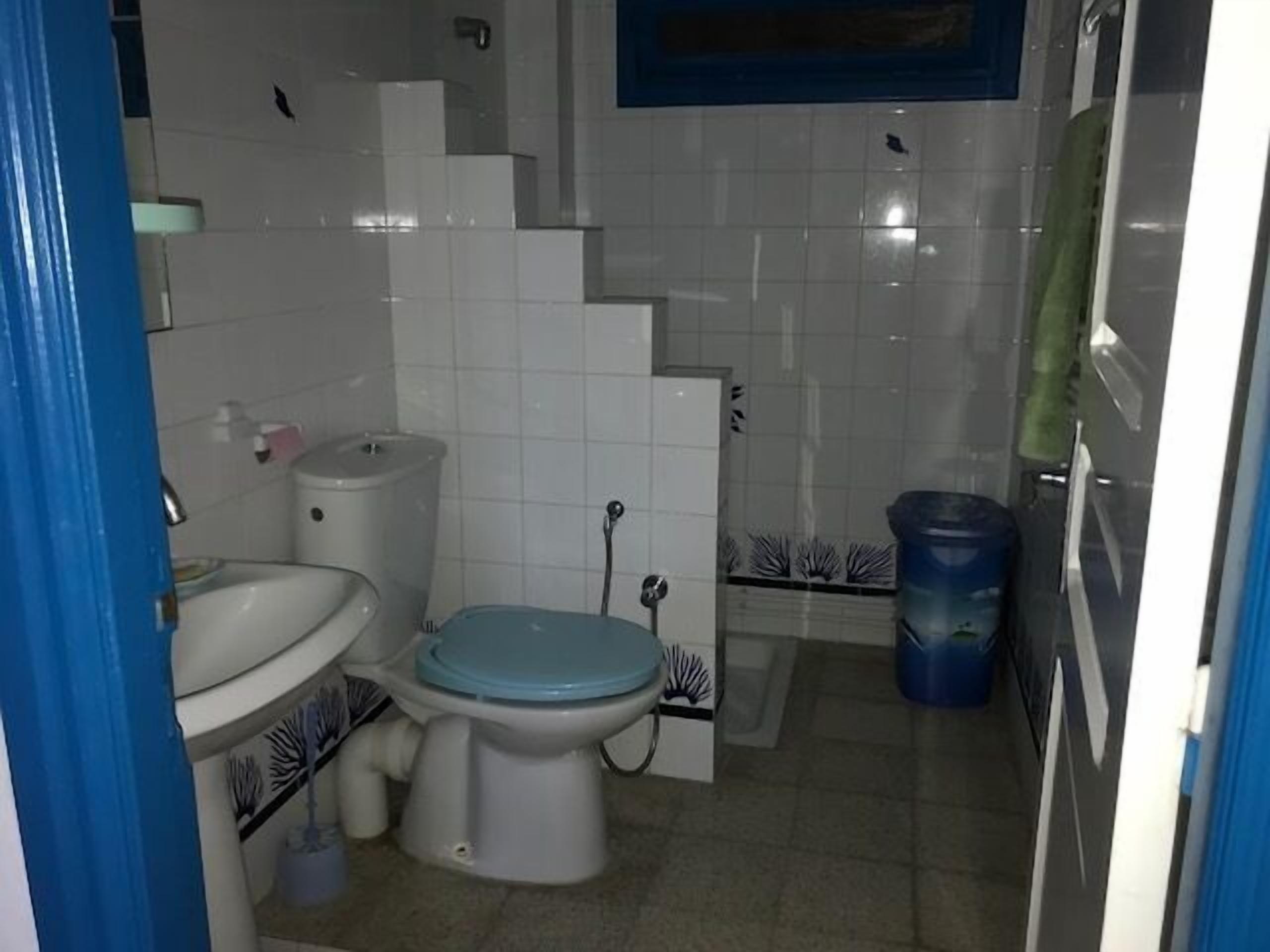 Une petite salle de bain avec des toilettes, un lavabo et une poubelle bleue.