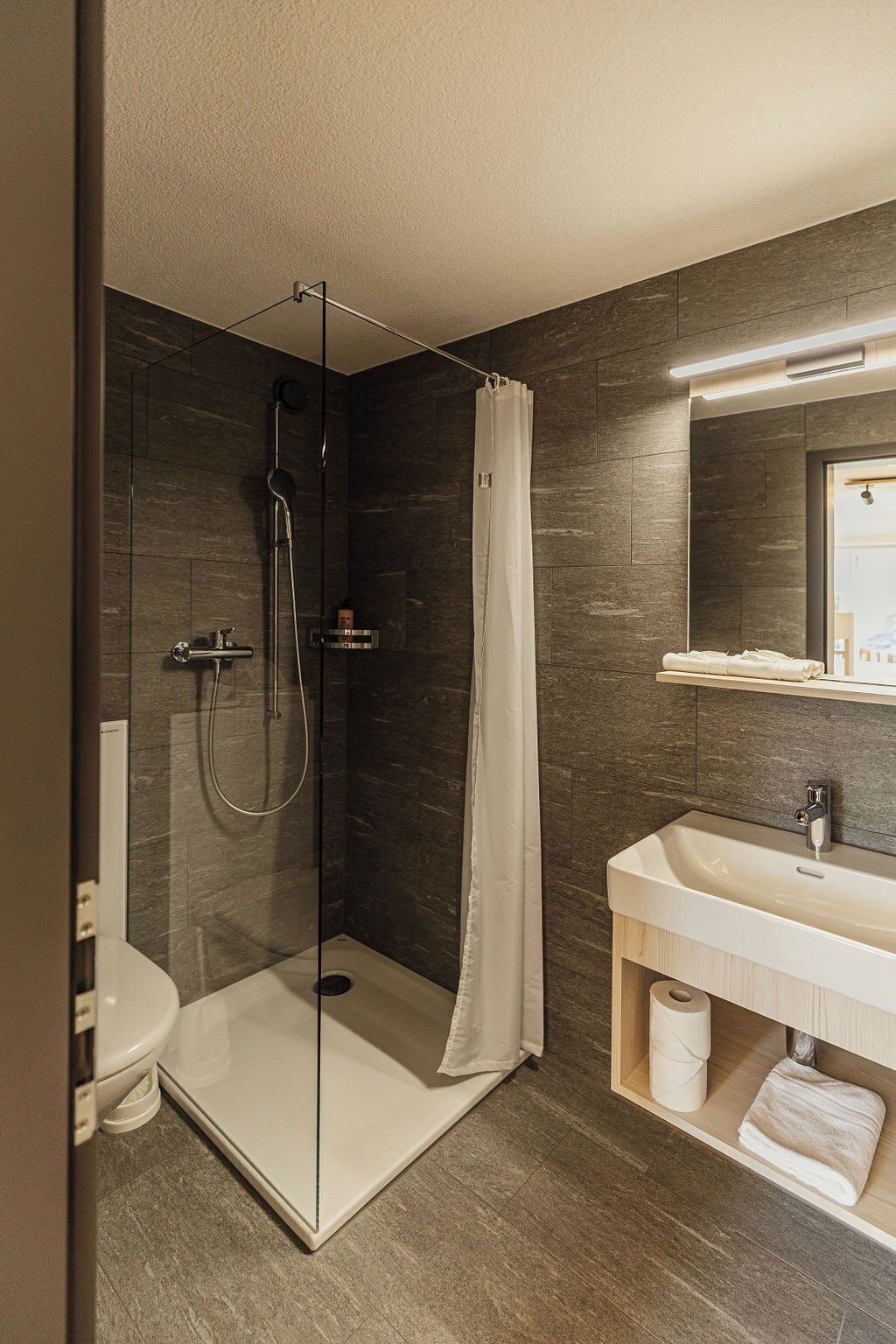 Ein modernes Badezimmer mit einer Duschkabine, einer weißen Toilette und einem Waschbecken mit Spiegel darüber.