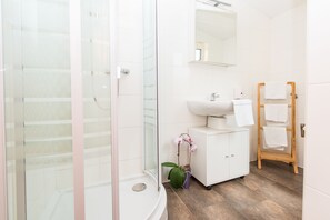 Departamento, 1 habitación | Baño | Regadera, amenidades de baño gratuitas, secadora de cabello, toallas 