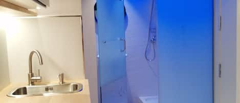 A modern bathroom with a glass shower enclosure, a sink, and a mirror above it.