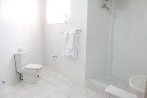 Une salle de bain avec des toilettes, une douche et un lavabo.