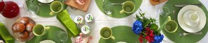 A table set with green leaves, plates, cups, and a variety of food items. - Ca' Rosa Bed & Breakfast (Malnate)