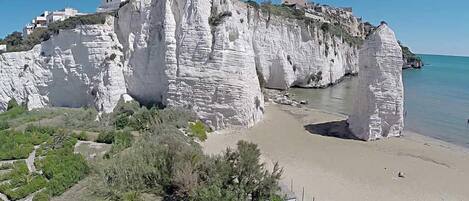 A coastal area with white cliffs, a sandy beach, and buildings on the cliff edge.