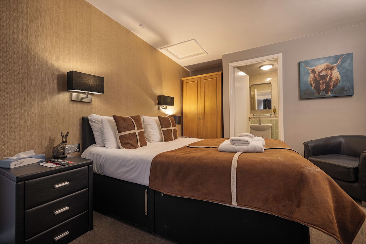 Habitación de hotel con cama, mesitas de noche, escritorio, silla, armario, espejo de baño y un cuadro en la pared.