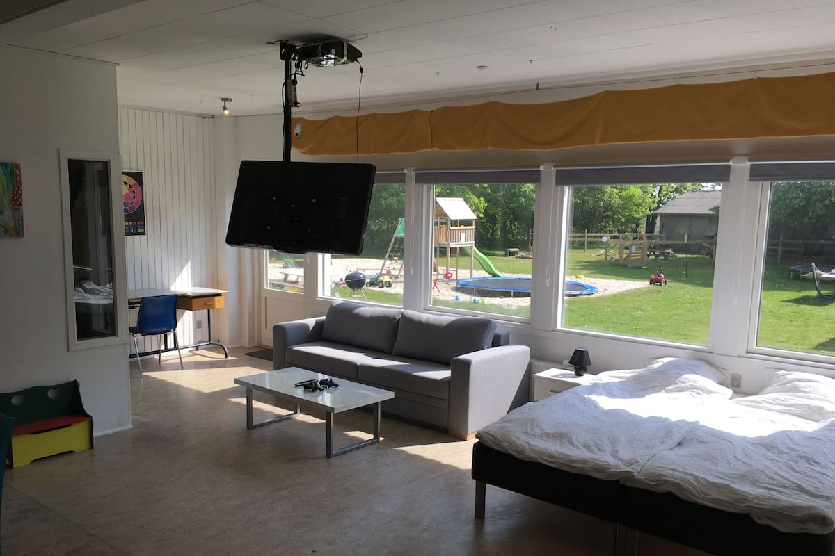 A spacious living room with a large window, a sofa, a coffee table, a TV mounted on the wall, and a bed.