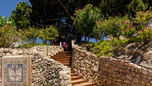 A stone staircase leading up to a building, surrounded by lush greenery and a clear blue sky. - Bem Parece (Albufeira)