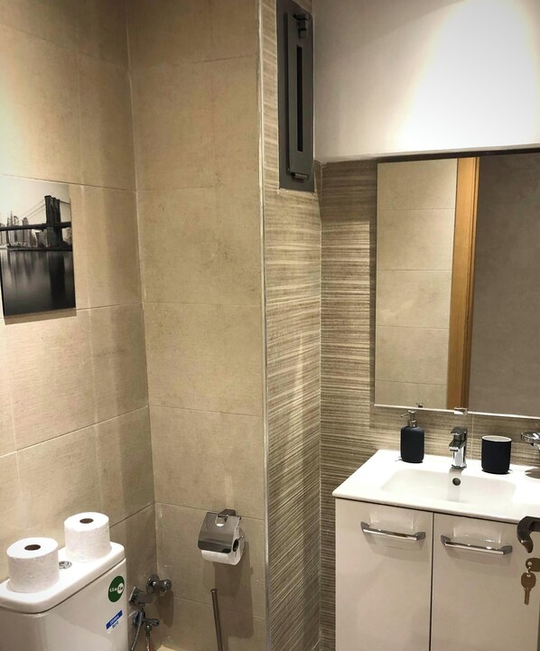 Une salle de bain équipée de toilettes, d’un lavabo, d’un miroir et d’un distributeur de serviettes.