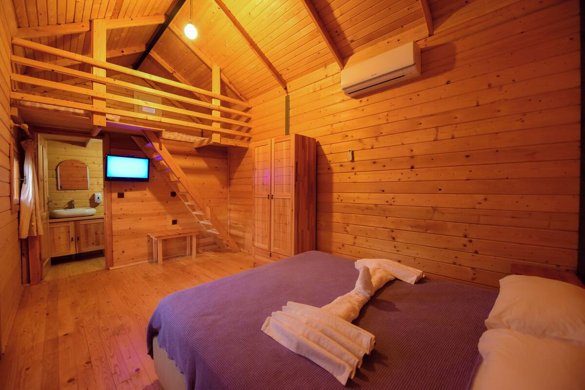 Une chambre dans un chalet en bois, avec un lit, une salle de bain équipée d’un lavabo et un téléviseur.