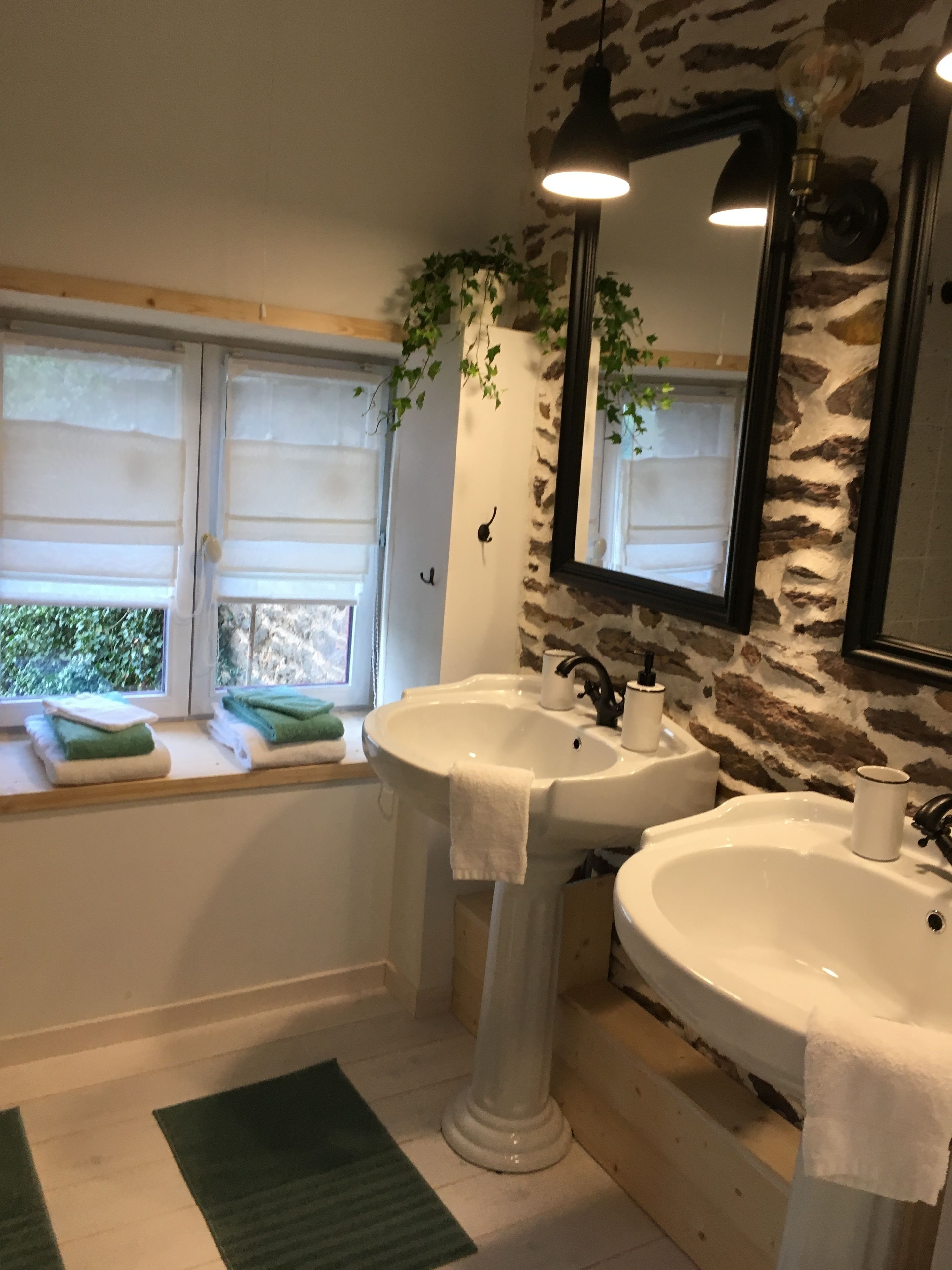 Une salle de bain avec deux lavabos, une fenêtre avec des stores, un miroir et une plante.
