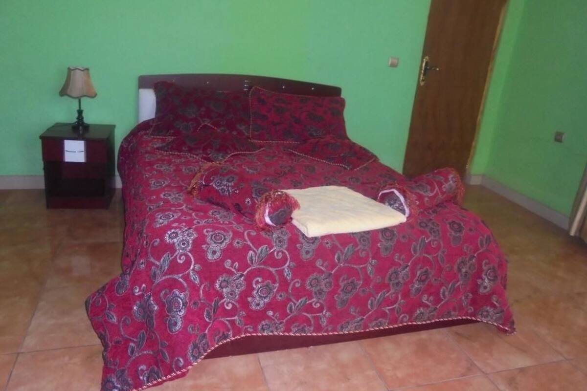 A bed with a red patterned bedspread and pillows, a nightstand with a lamp, and a wooden door.