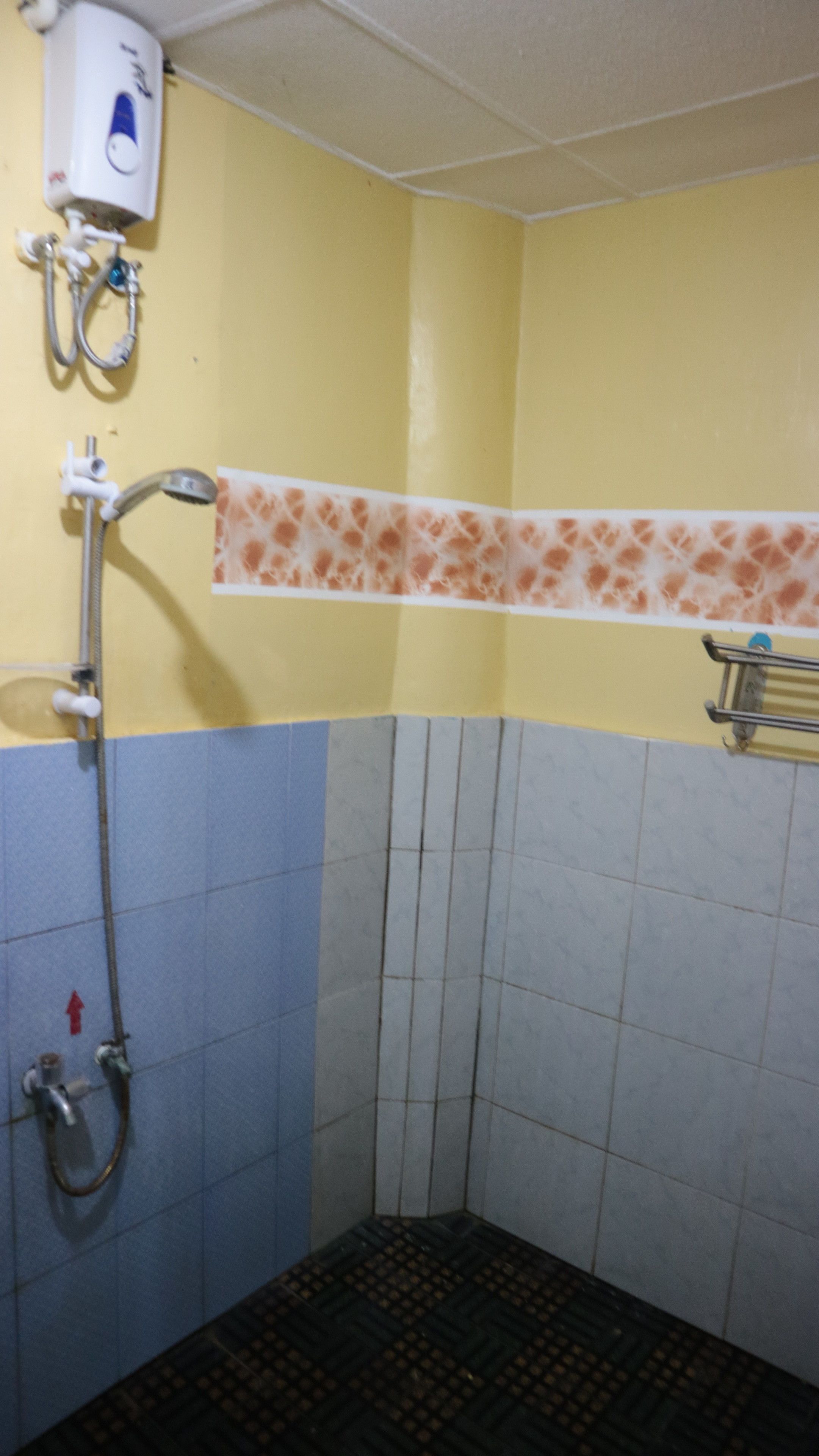 A bathroom with yellow and blue walls, a shower with a handheld showerhead, and a toilet with a red arrow sign.