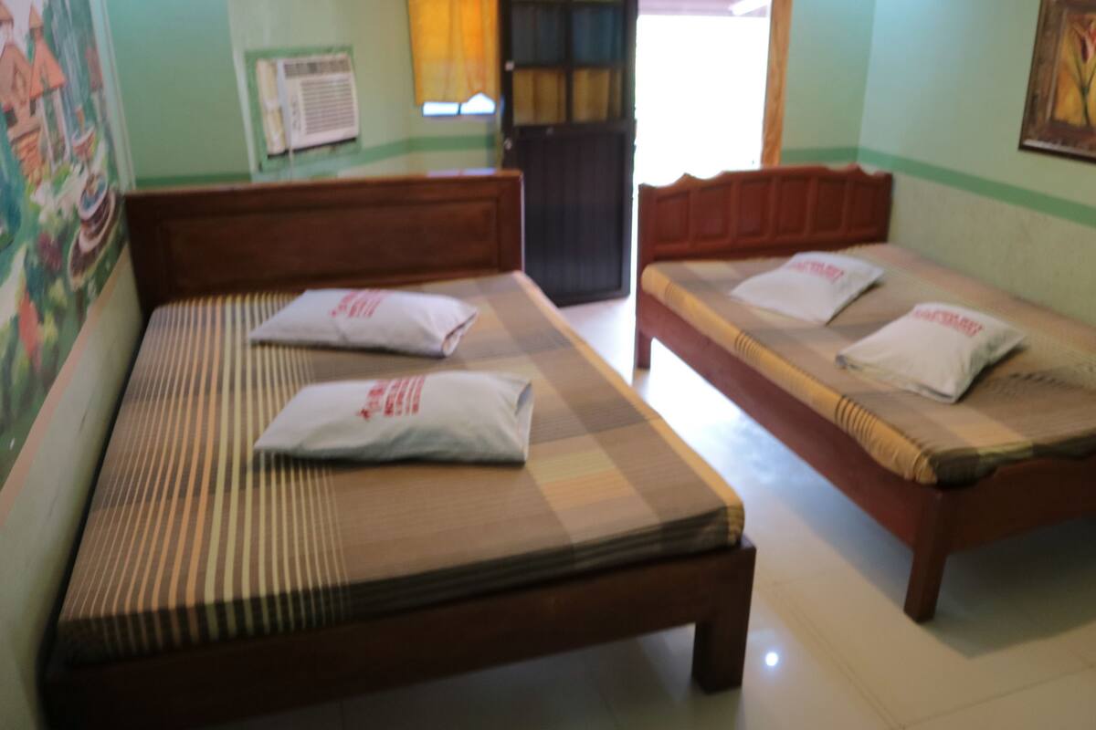 Two single beds with wooden frames and checkered bedding, a wall-mounted air conditioner, and a painting on the wall.