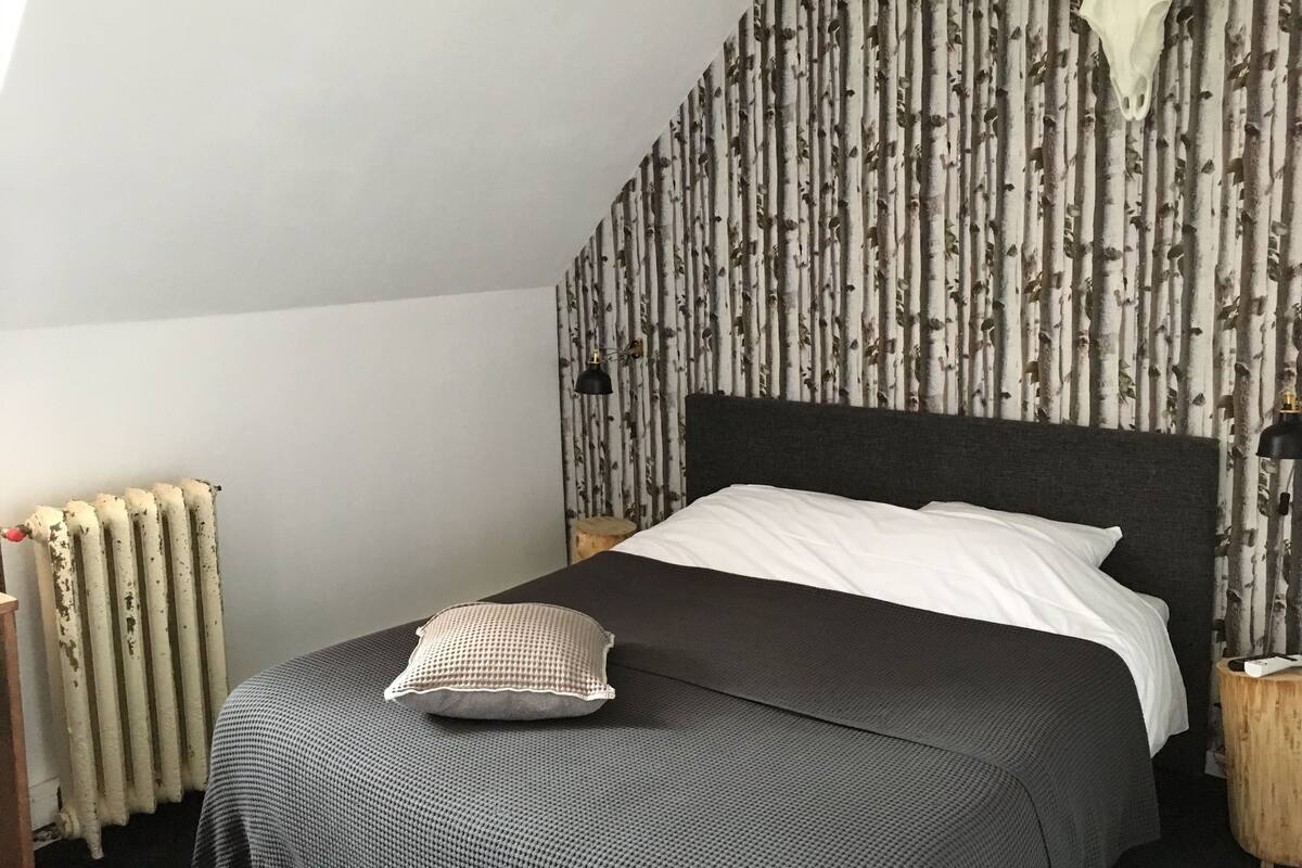 Quarto com cama, travesseiro, caveira de vaca fixada na parede, radiador e papel de parede estampado.