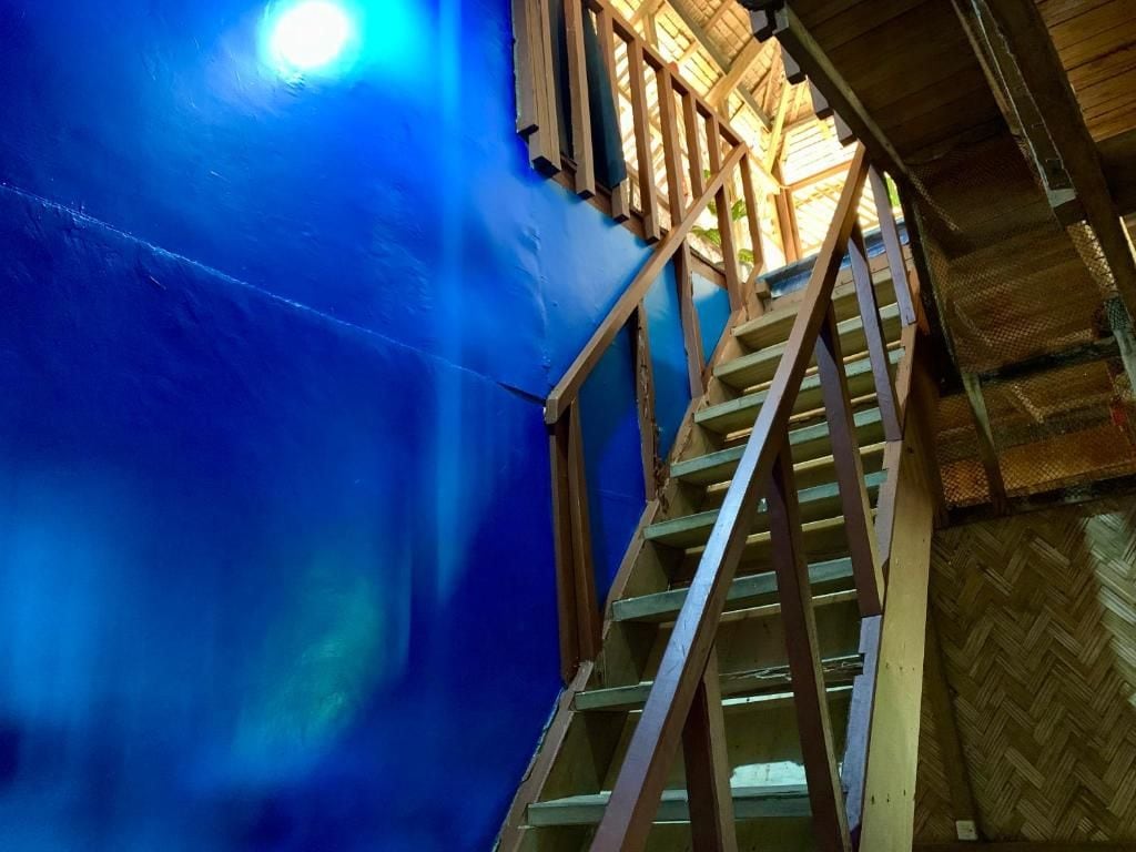 Una escalera de madera que conduce a una habitación con pared azul y suelo con estampado de espiga.
