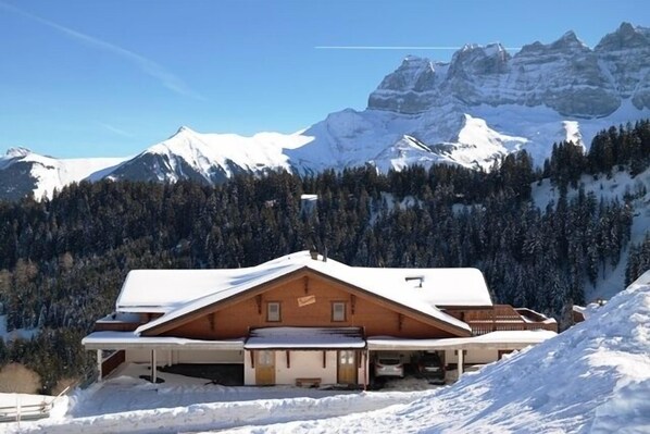 A chalet with a sloped roof, wooden exterior, and a covered porch area.