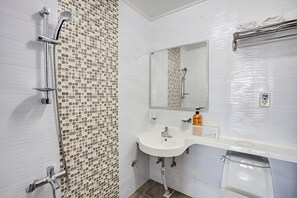 Une salle de bain avec une douche, un lavabo et un miroir.
