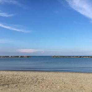 A sandy beach with calm water and a clear sky.