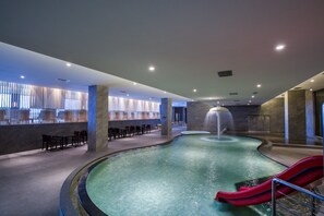 Indoor pool, open 10:00 AM to 6:00 PM, sun loungers