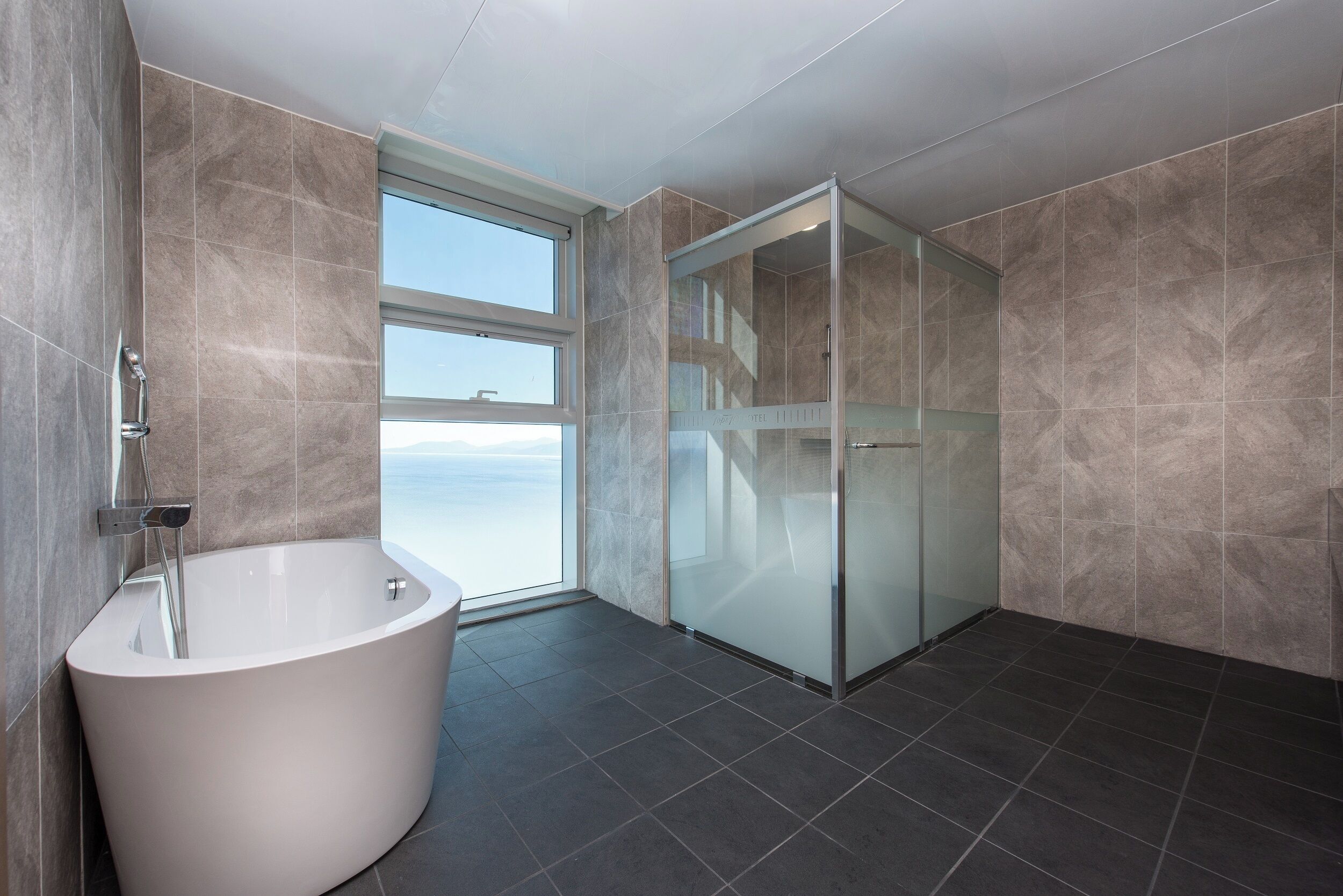 A modern bathroom with a freestanding bathtub, a glass shower enclosure, and a large window offering a view of the sea.
