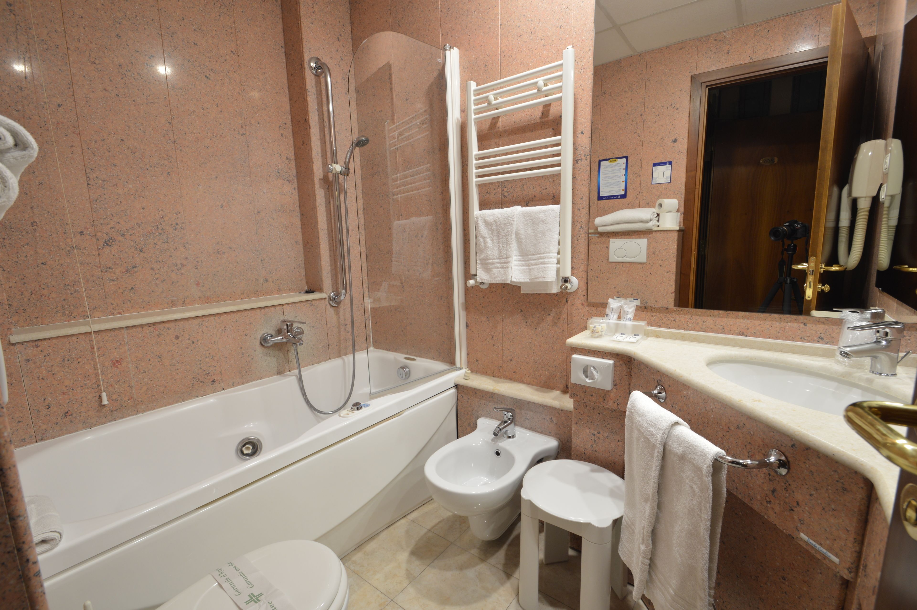 free toiletries, hair dryer, bidet, soap