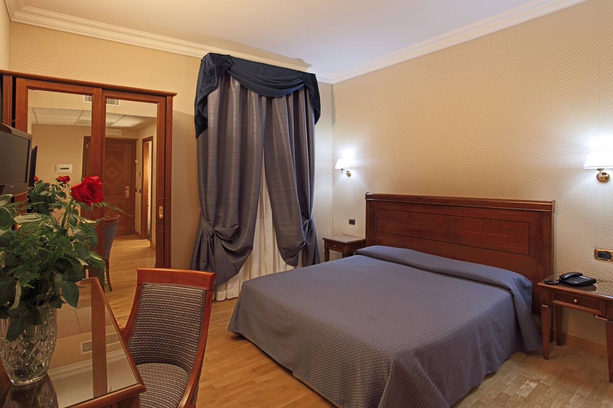 Camera d'albergo con un letto, una sedia, un comodino, una lampada, una televisione e una pianta in vaso con fiori.