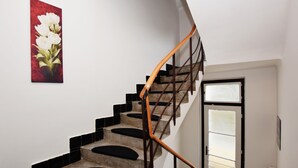 A staircase with black steps and a wooden handrail, leading to a door with a frosted glass panel. - Císařka apartment (Prague)