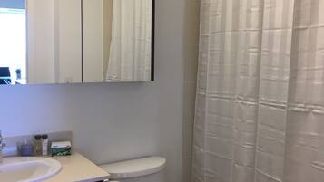 A bathroom with a toilet, a sink, a mirror, and a shower curtain.