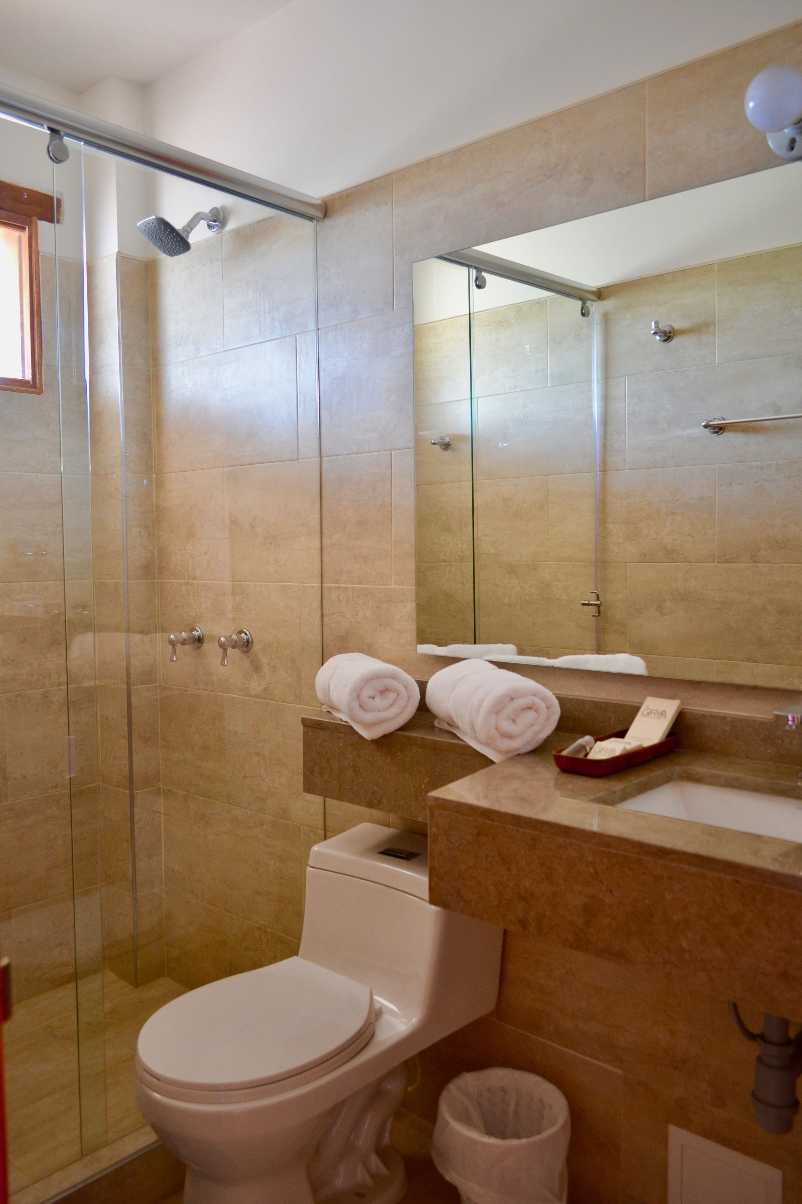 Un baño con ducha de vidrio, inodoro, lavamanos y espejo.