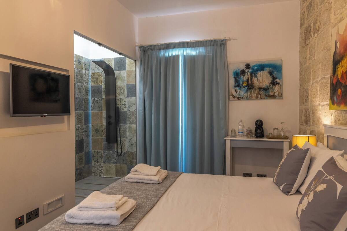 A hotel room with a bed, a TV, a shower, a bathroom vanity, and artwork on the walls.