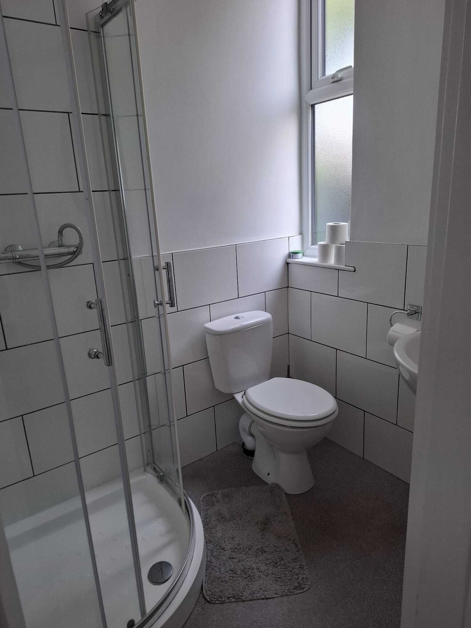A bathroom with a toilet, sink, and glass shower enclosure.