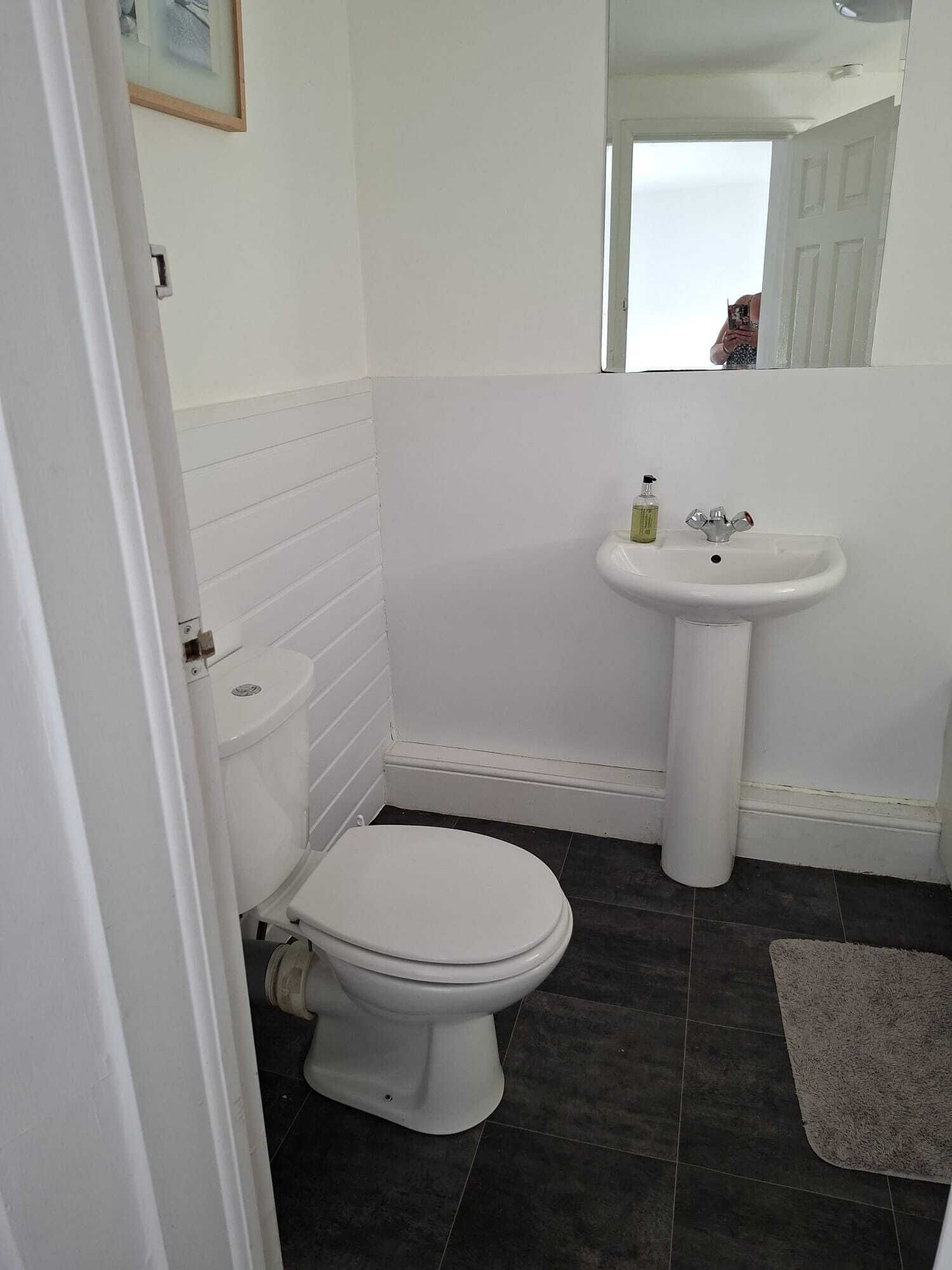 A small bathroom with a toilet, sink, and mirror.