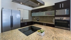 A modern kitchen with stainless steel appliances, granite countertops, and dark cabinetry. - Heliko 305 by CocoBR (Playa del Carmen)