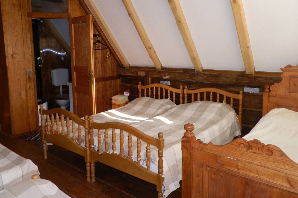 Una cama de madera en una habitación con techos inclinados y un inodoro a la vista.