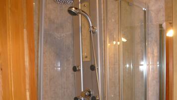 A glass-enclosed shower with a handheld showerhead and multiple controls.