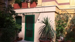 Un callejón estrecho con una puerta verde, plantas en macetas y un gato sentado junto a la puerta.