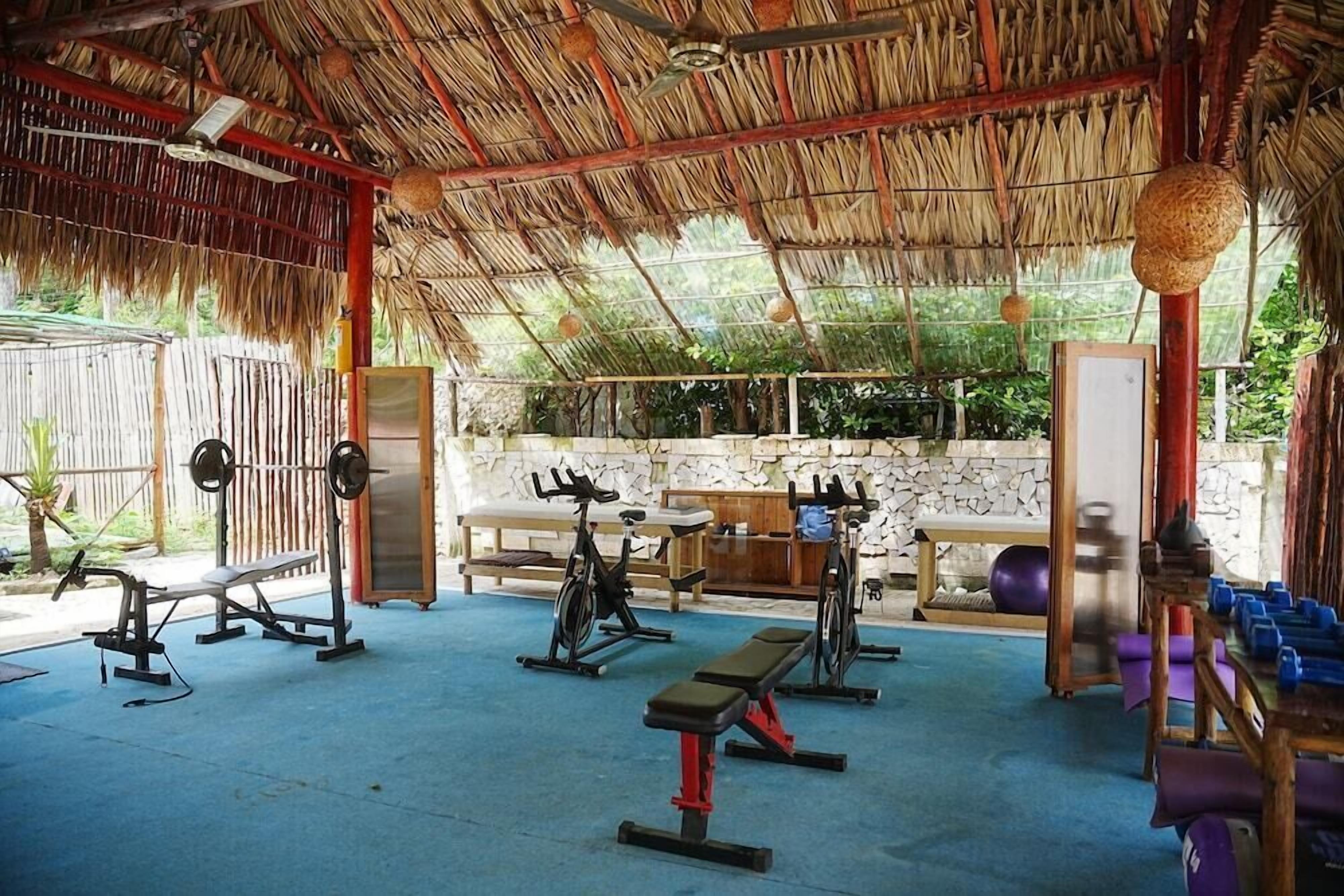A covered outdoor gym with exercise equipment, a stone wall, and a bench.