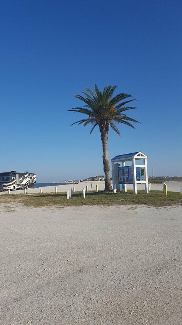 A beachside scene with a palm tree, a small white structure, and a parked RV.