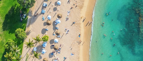 Plage, chaises longues, serviettes de plage